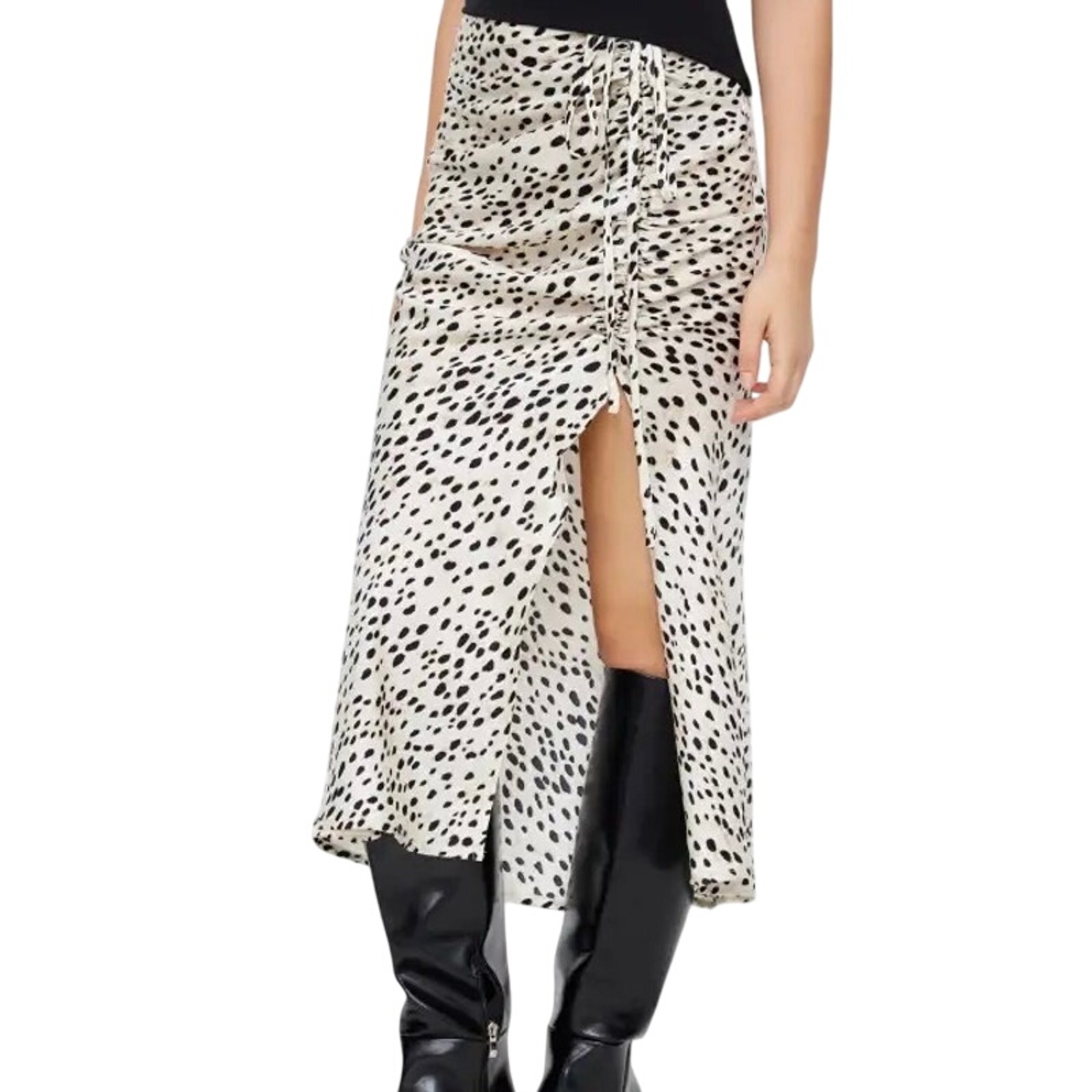 Nwt Cider Spot Leopard Print Cream Drawstring Split Satin Skirt Size Medium